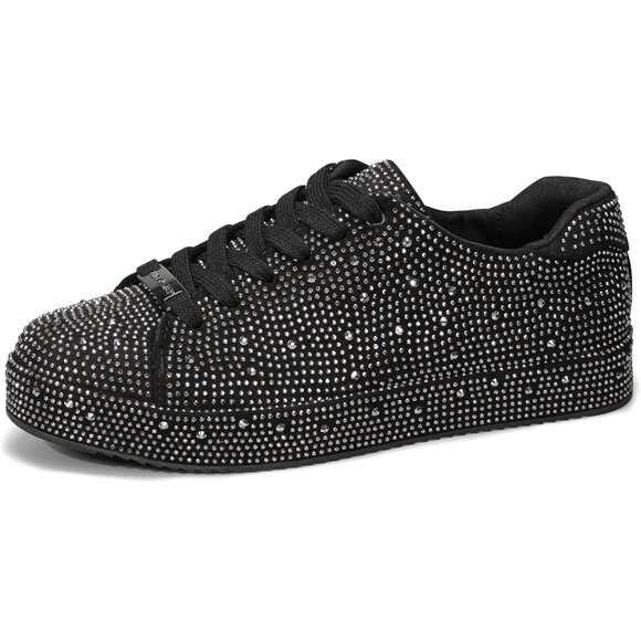 Lucky Step Shoes - Women's Black Pewter Rhinestone Fashion Glitter Sneakers Sparkly Shiny Shoes